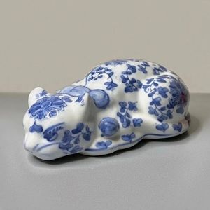 Vintage Chinese Ceramic Hand Painted Blue and White Floral Sleeping Cat Decor